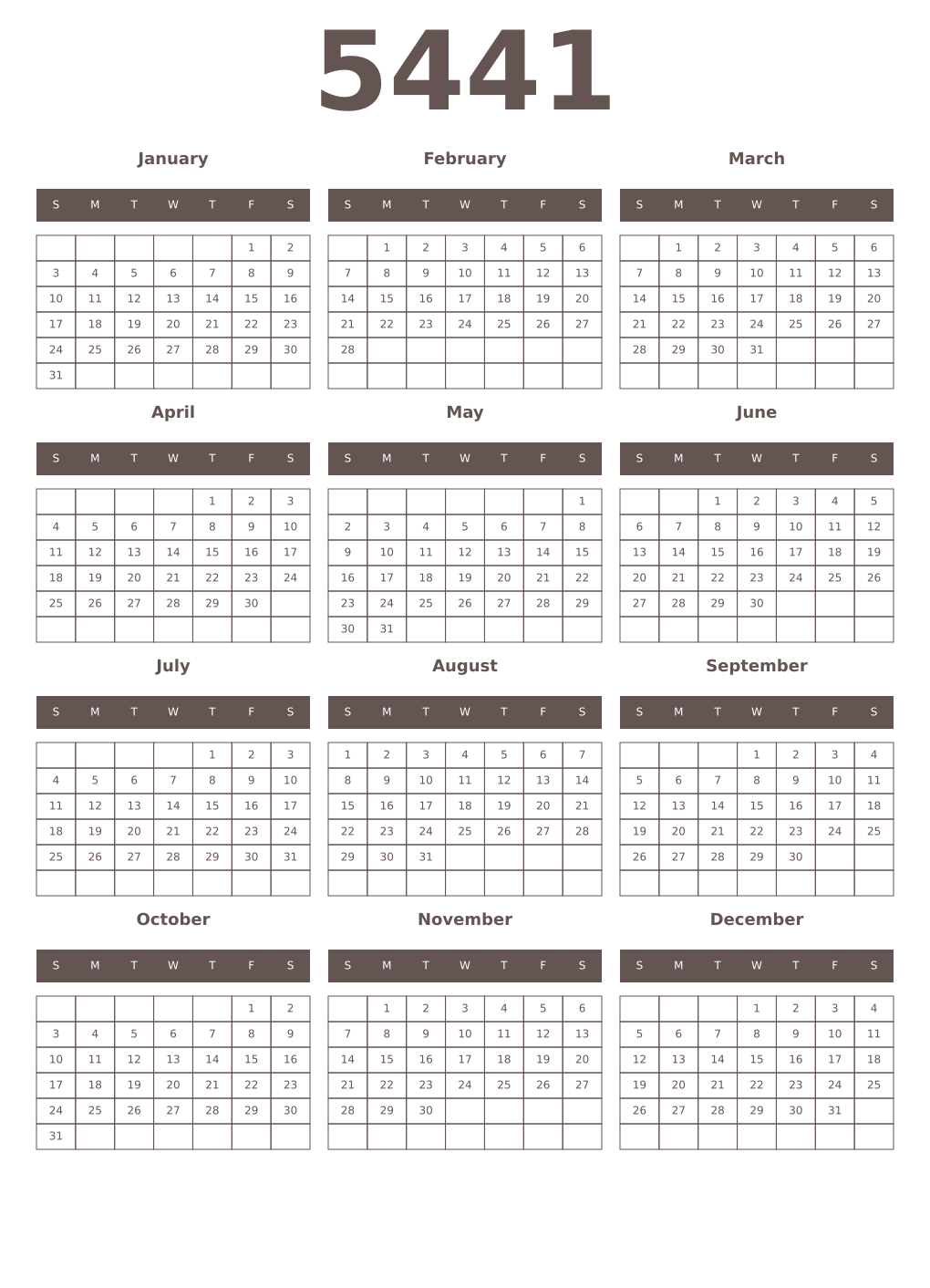 Printable 5441 Year Calendars wenge