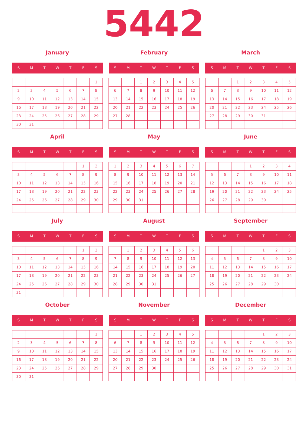 Printable 5442 Year Calendars amaranth