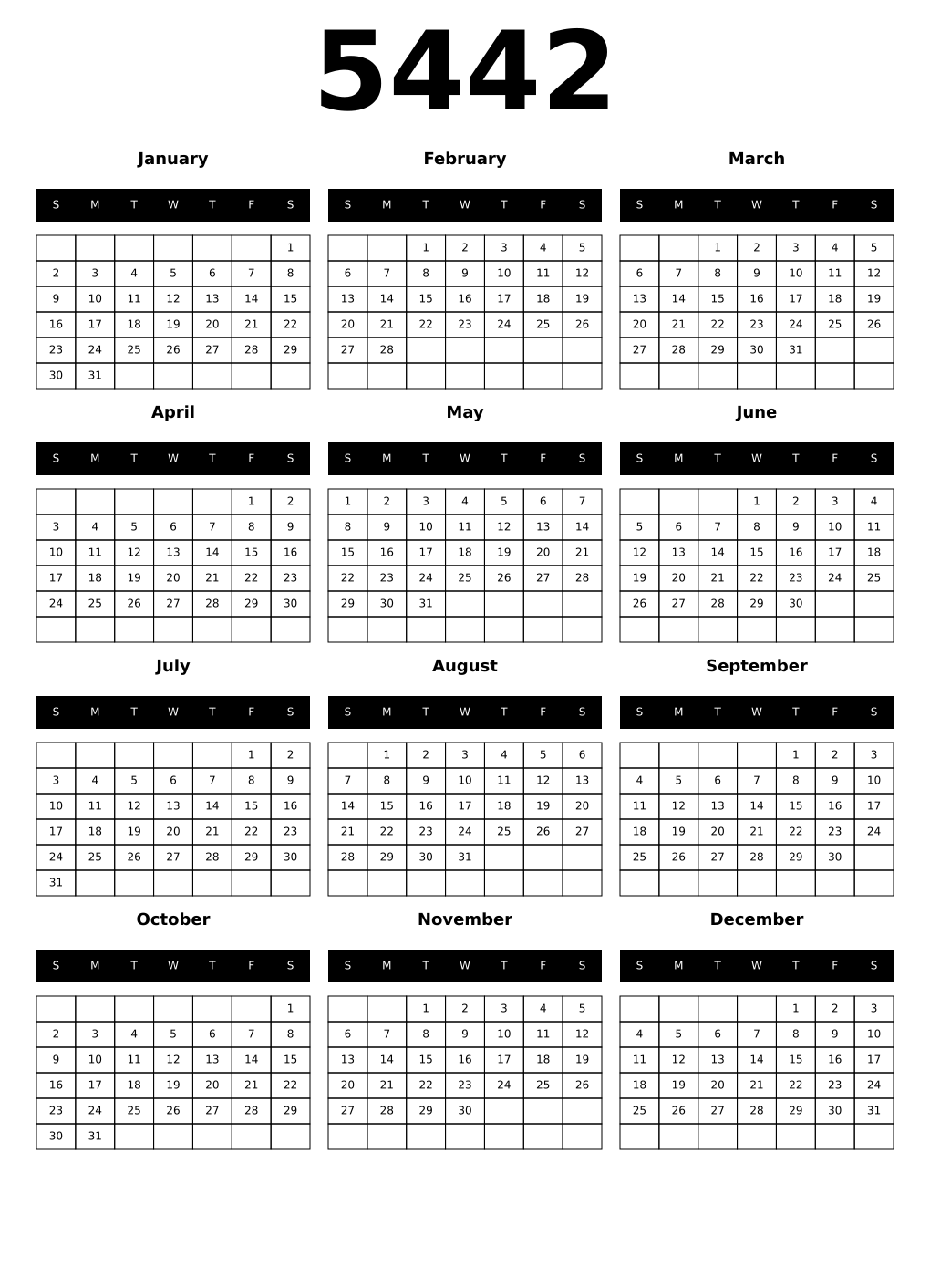 Printable 5442 Year Calendars black