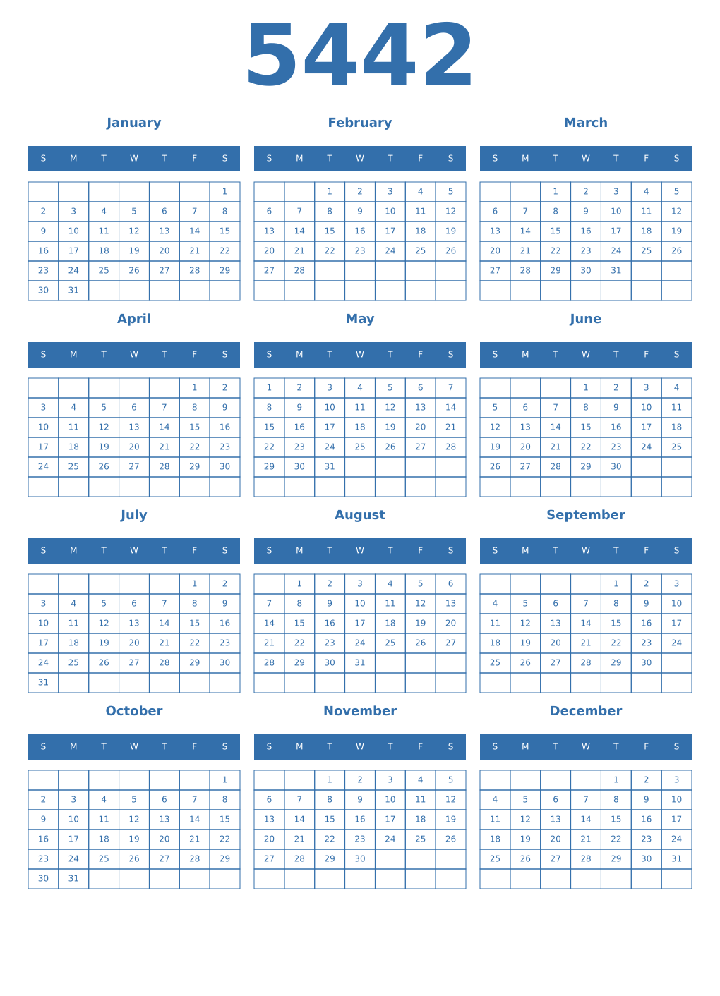 Printable 5442 Year Calendars blue