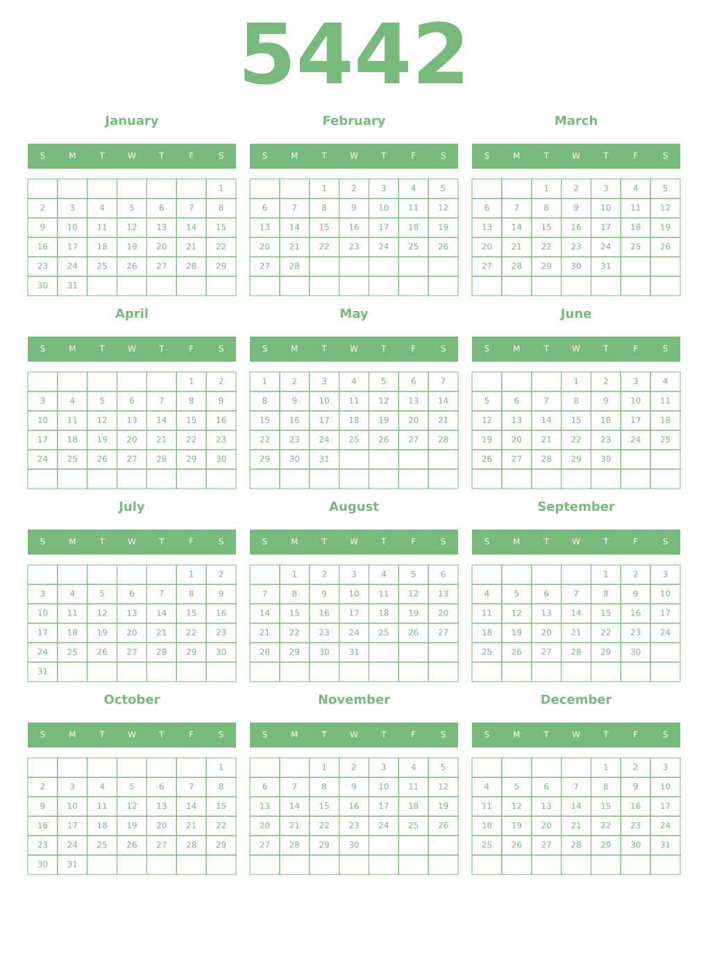 Printable 5442 Year Calendars celadon