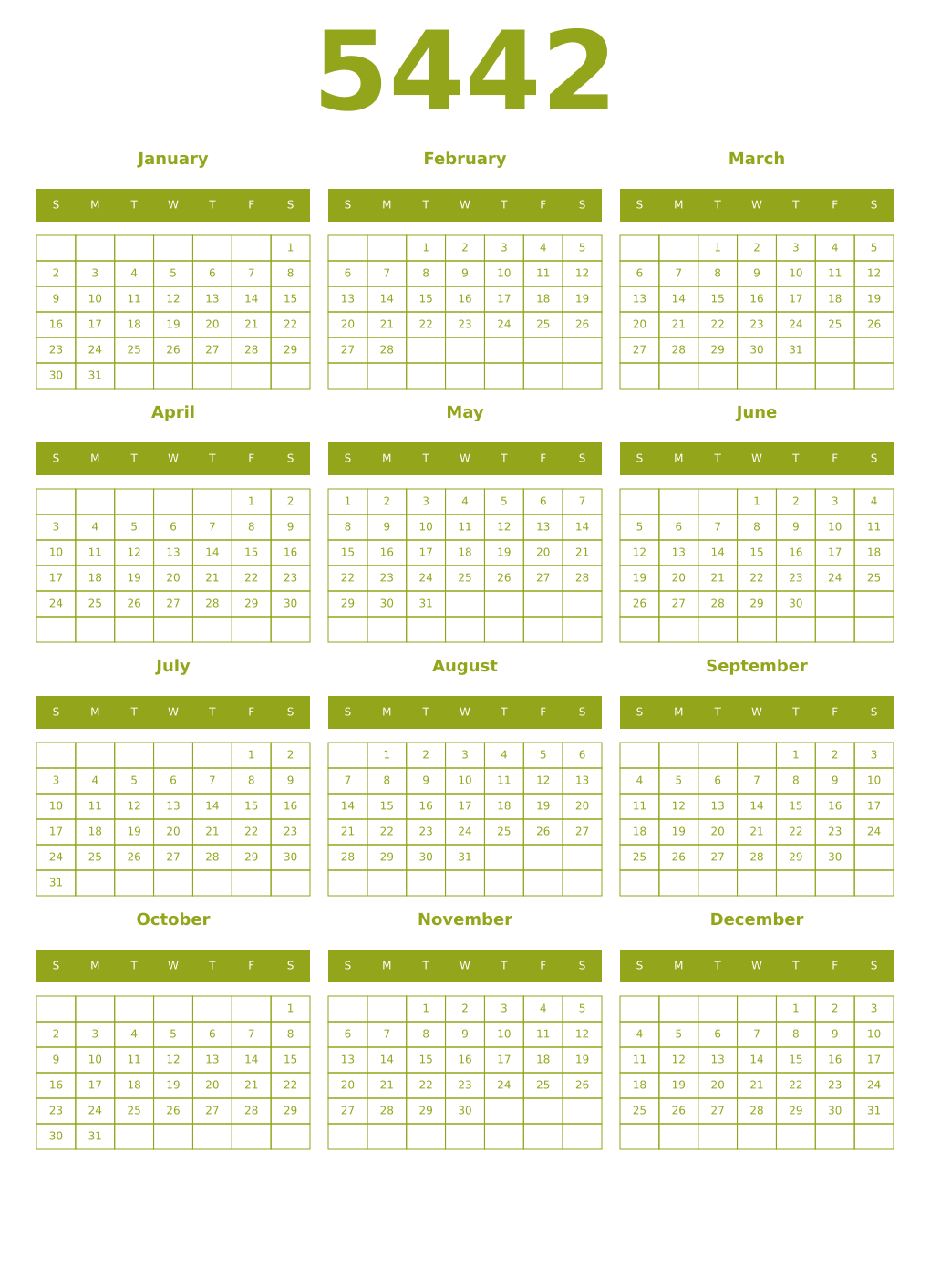 Printable 5442 Year Calendars chartreuse