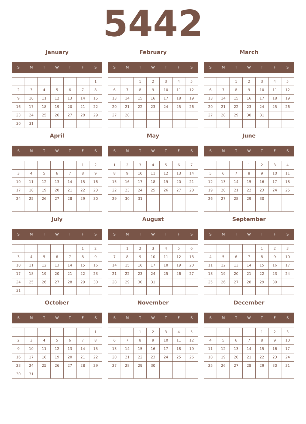 Printable 5442 Year Calendars coffe
