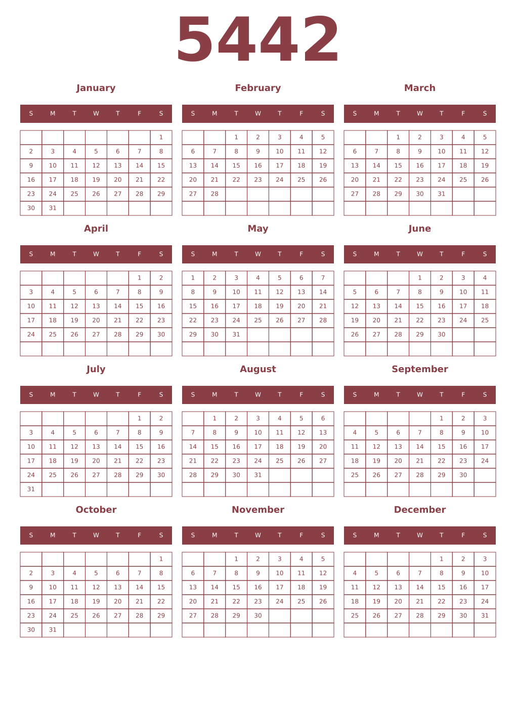 Printable 5442 Year Calendars cordovan