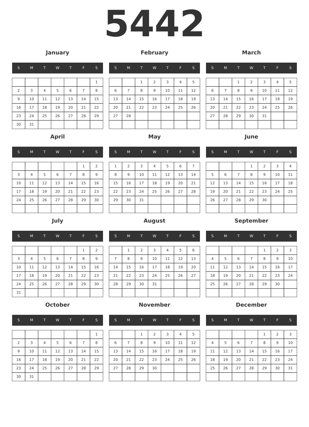 Printable 5442 Year Calendars dark