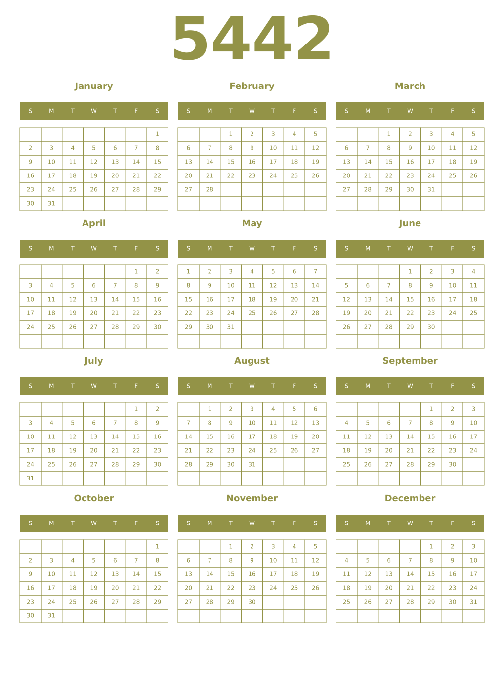 Printable 5442 Year Calendars eburnean