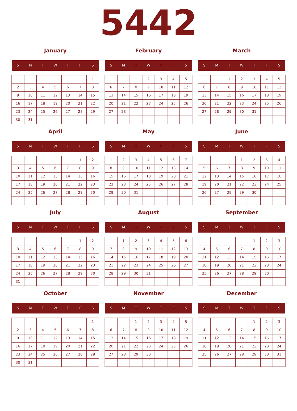 Printable 5442 Year Calendars falu