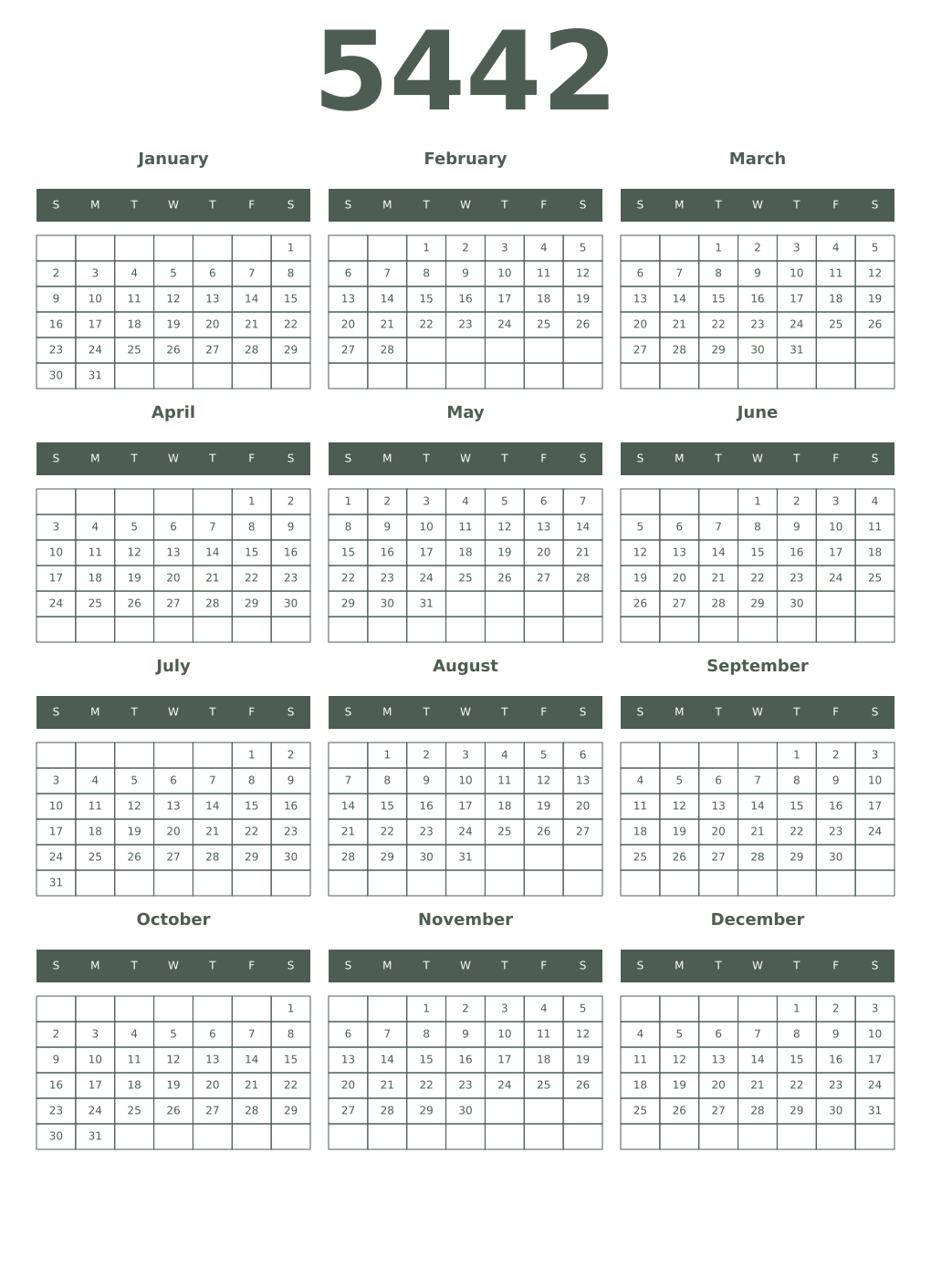 Printable 5442 Year Calendars feldgrau