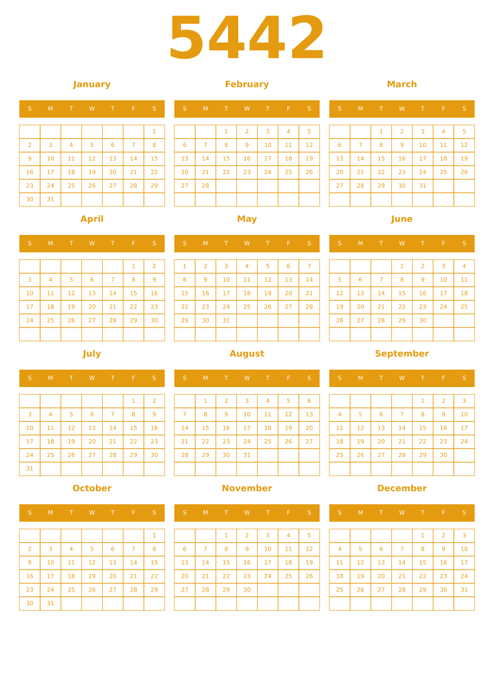 Printable 5442 Year Calendars gamboge