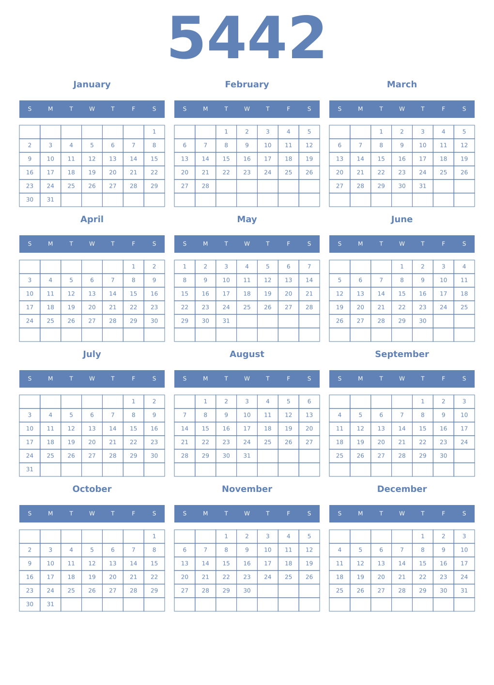 Printable 5442 Year Calendars glaucous