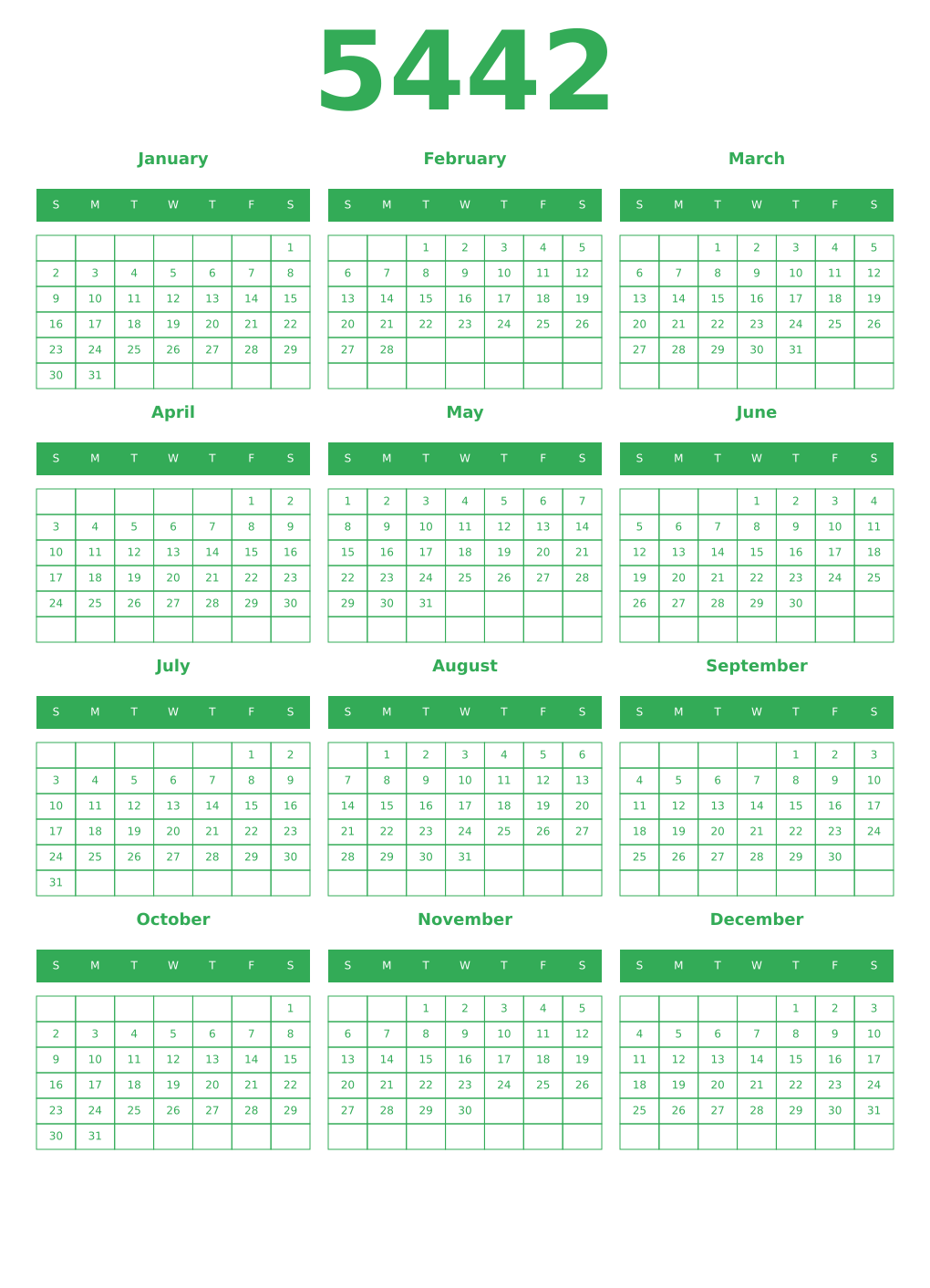 Printable 5442 Year Calendars green