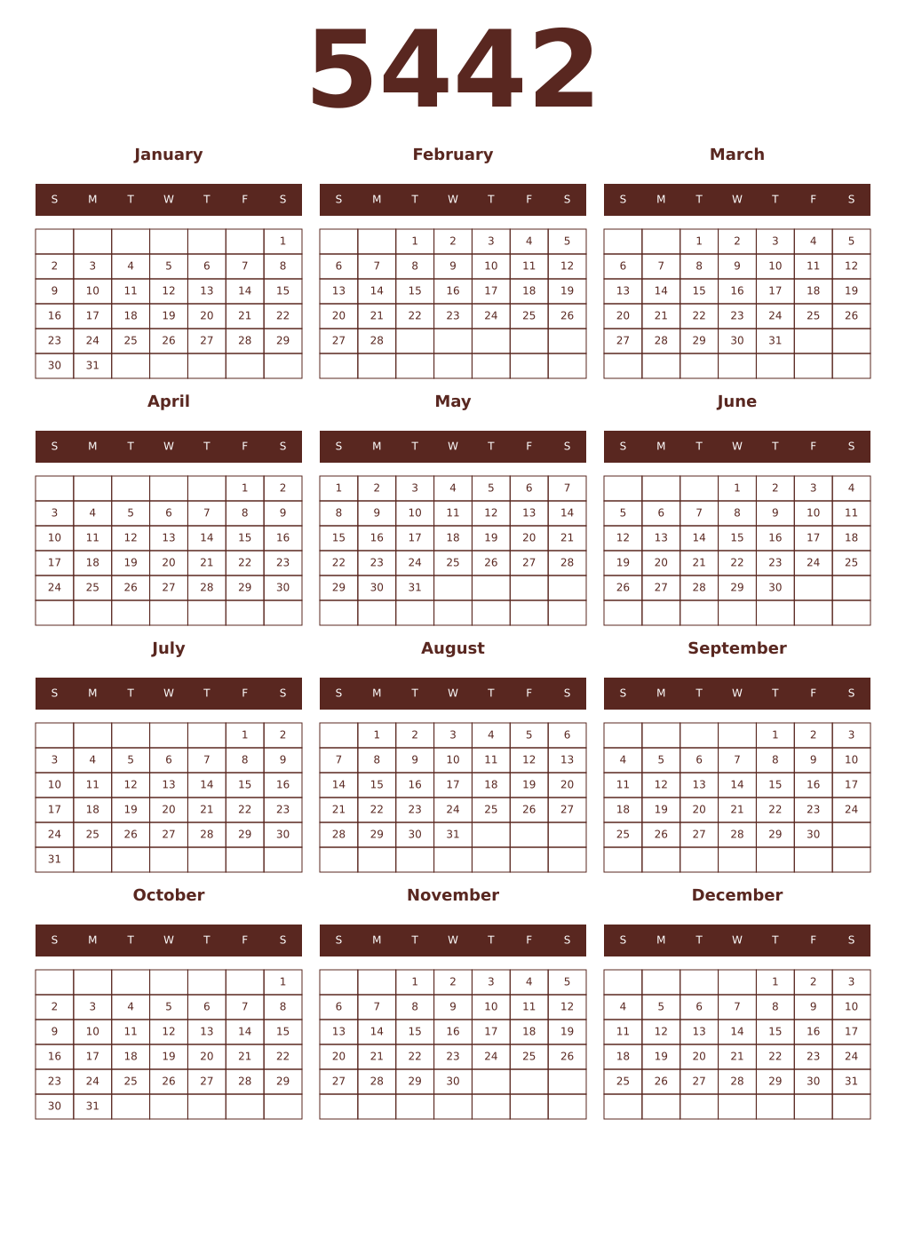 Printable 5442 Year Calendars mortuum