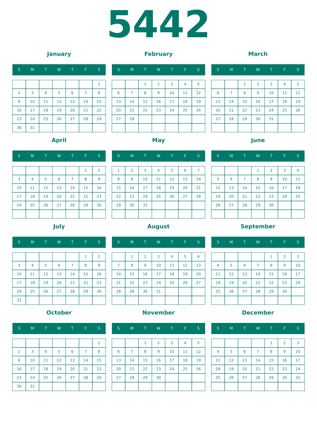 Printable 5442 Year Calendars pastel
