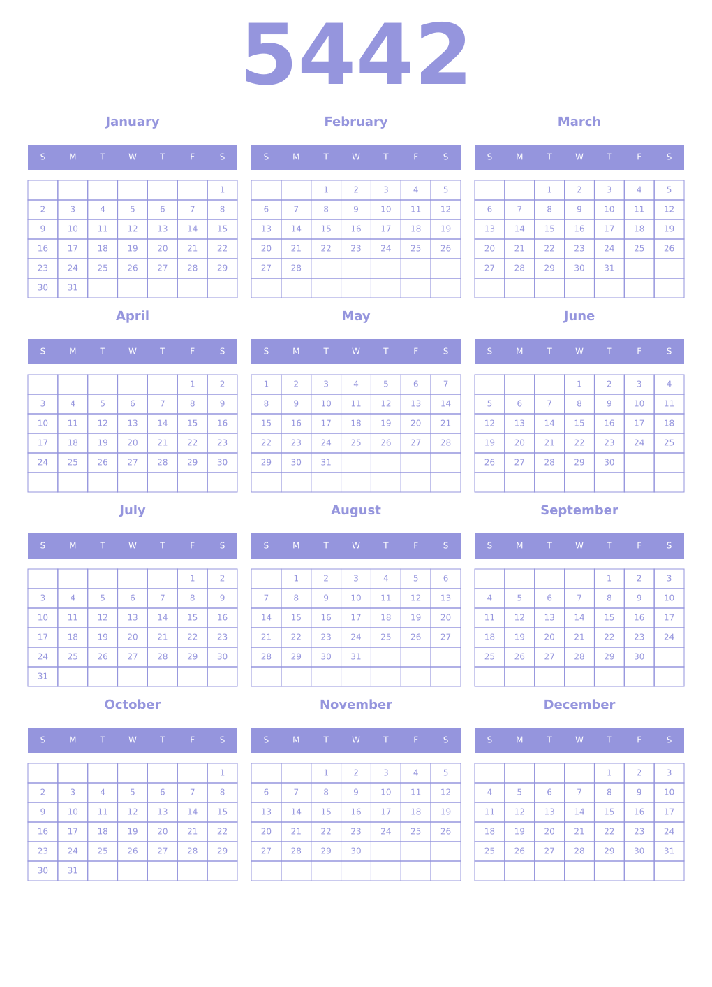 Printable 5442 Year Calendars periwinkle