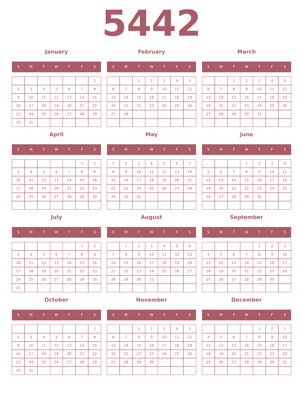 Printable 5442 Year Calendars puce