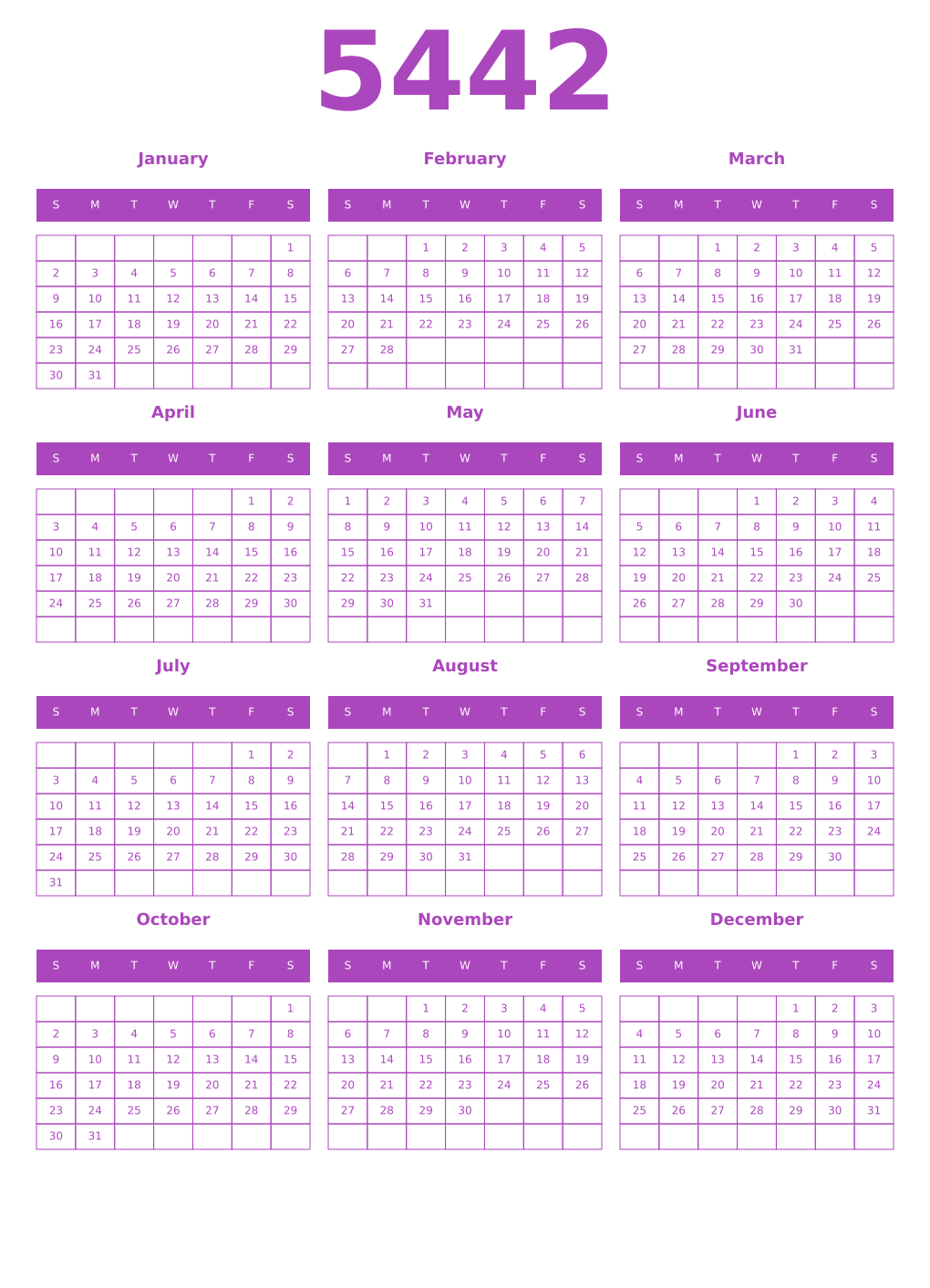 Printable 5442 Year Calendars purple