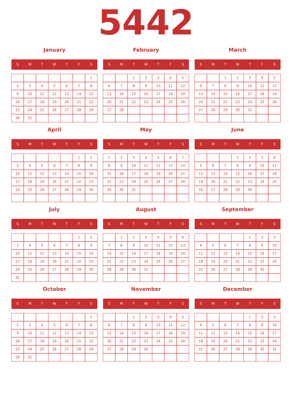 Printable 5442 Year Calendars red