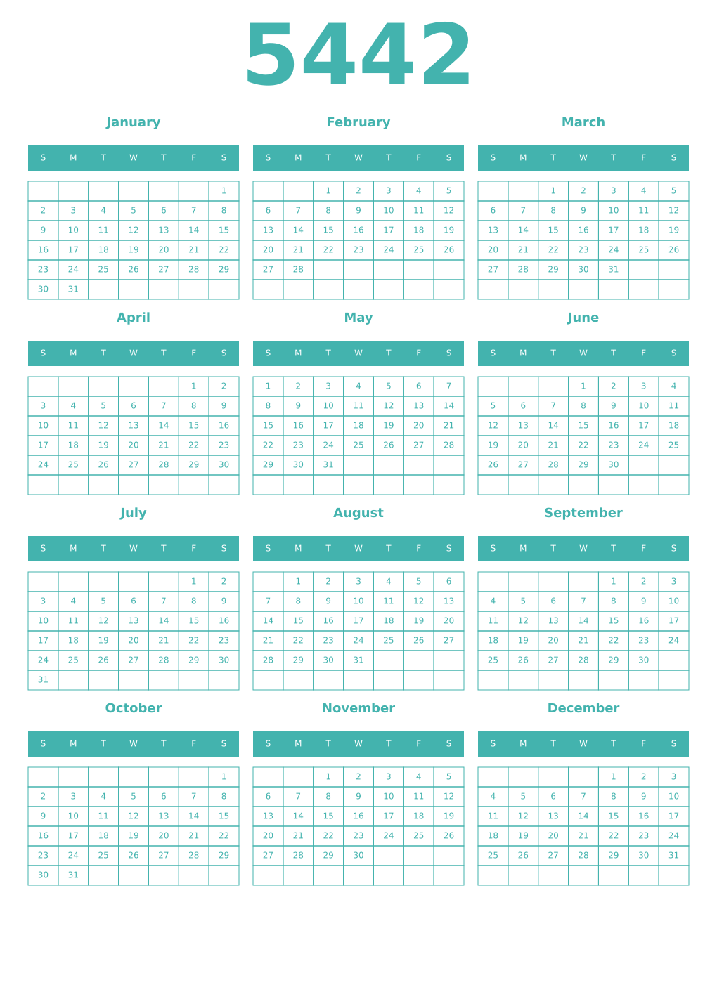 Printable 5442 Year Calendars verdigris