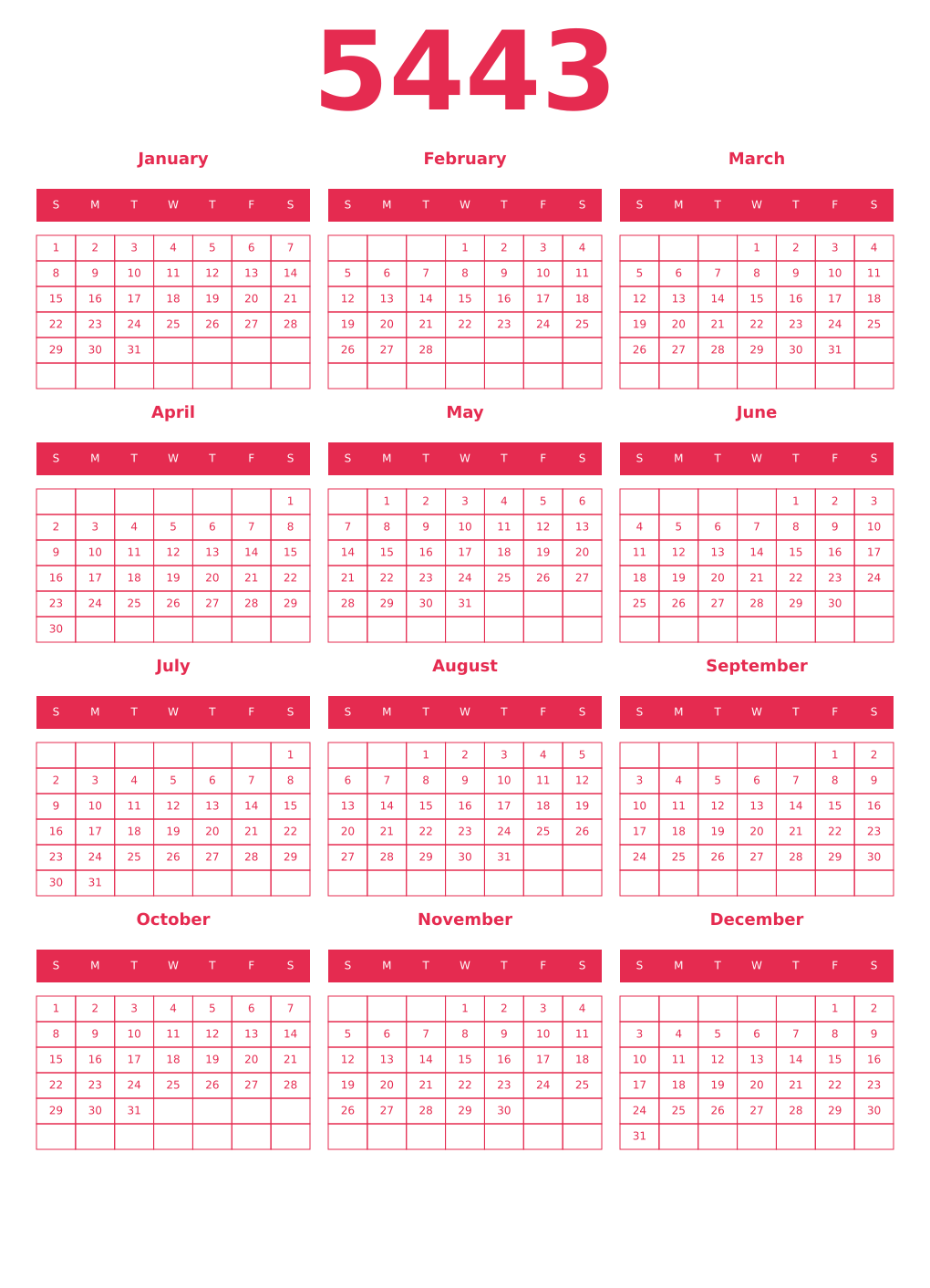 Printable 5443 Year Calendars amaranth