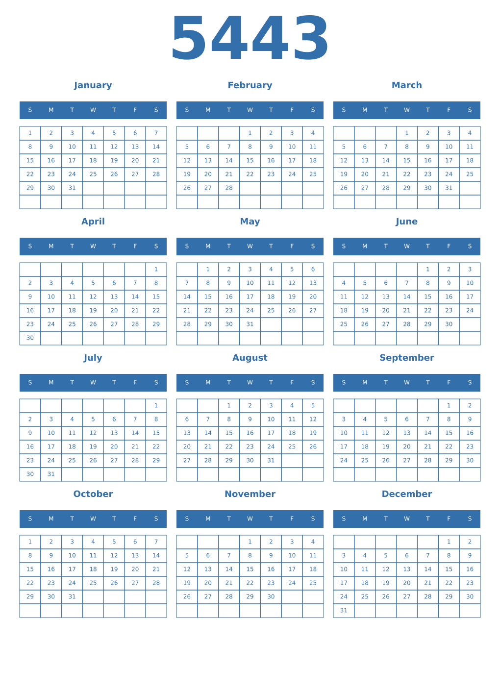 Printable 5443 Year Calendars blue
