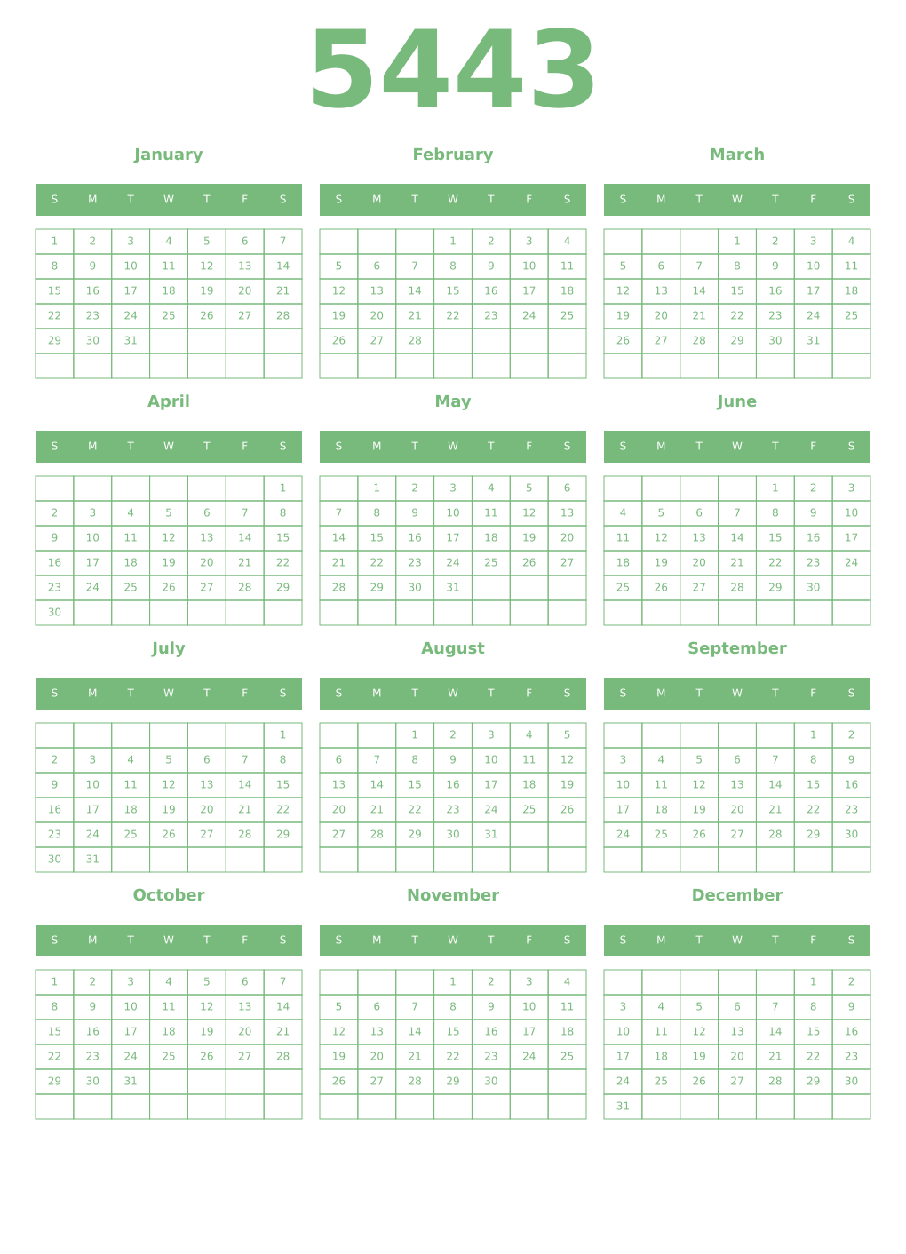 Printable 5443 Year Calendars celadon