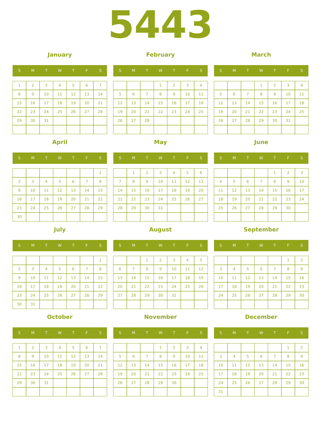 Printable 5443 Year Calendars chartreuse