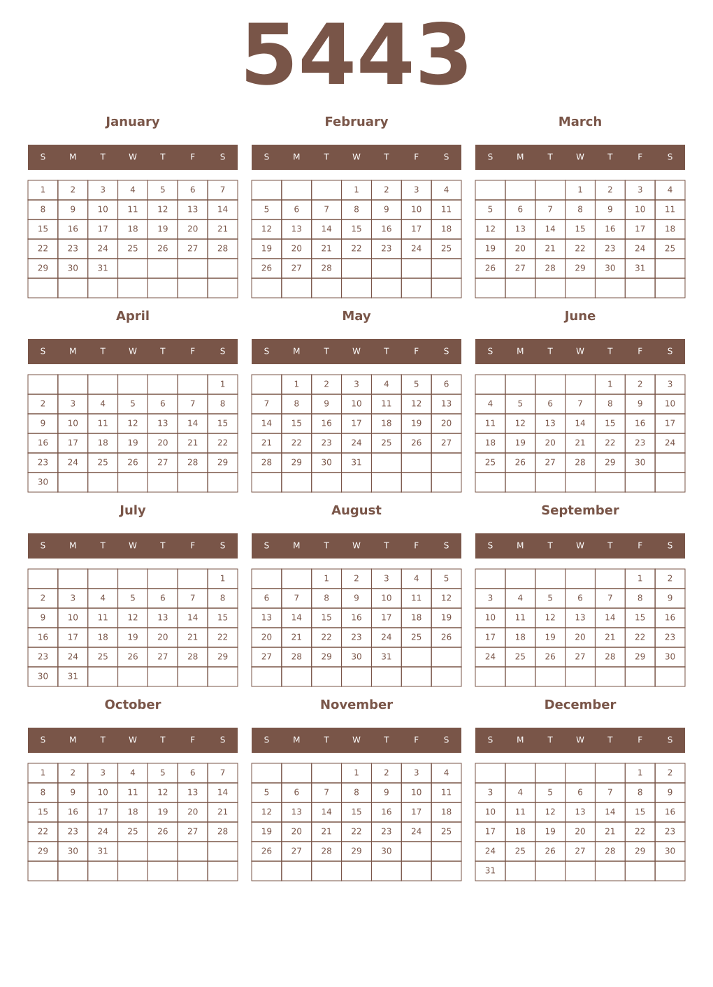 Printable 5443 Year Calendars coffe