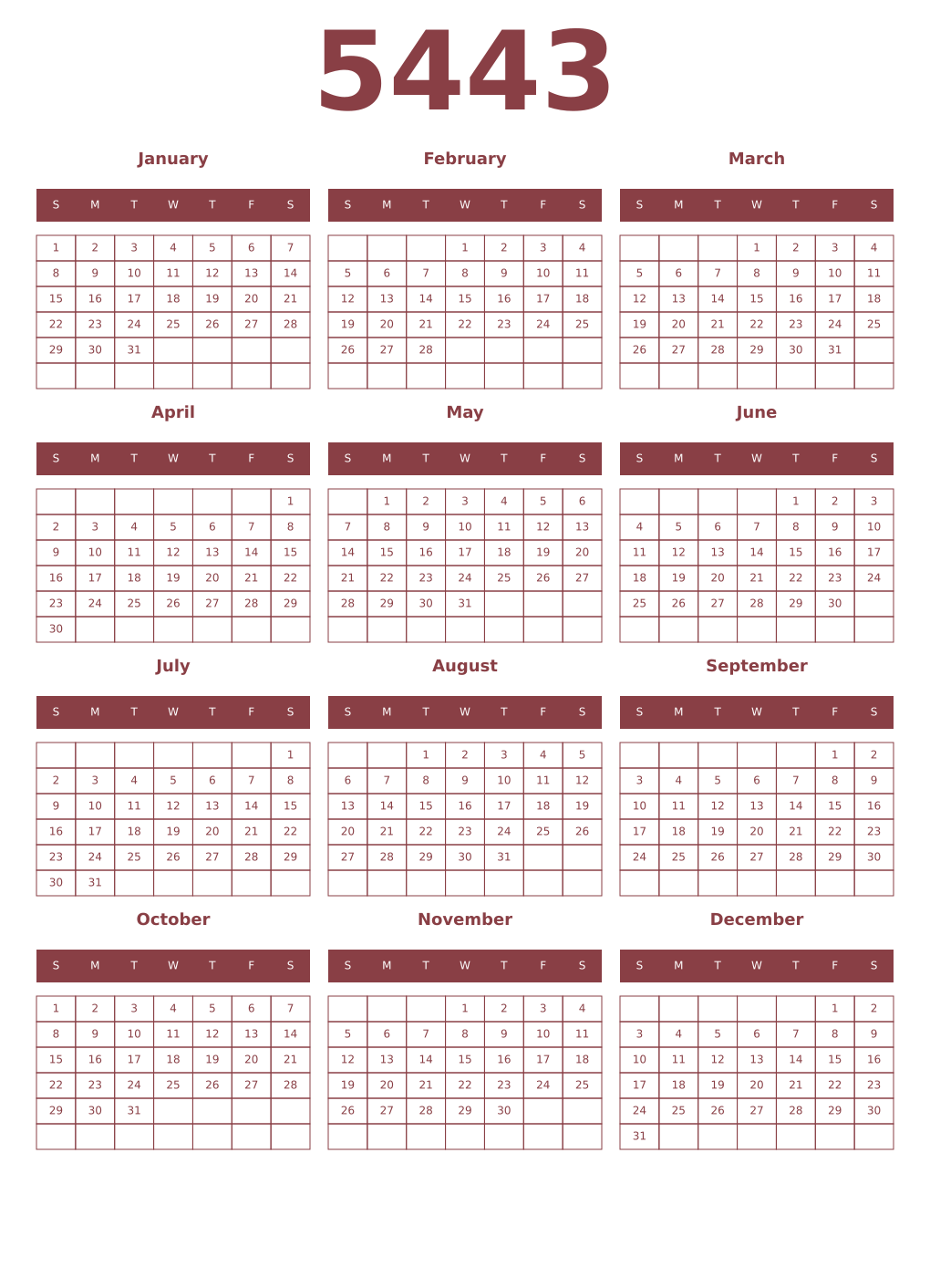 Printable 5443 Year Calendars cordovan
