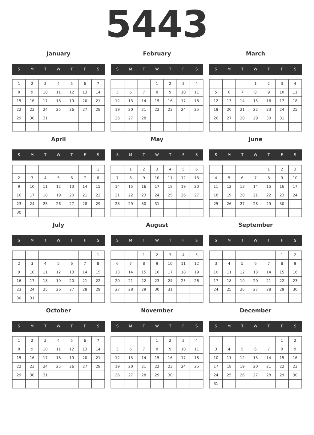 Printable 5443 Year Calendars dark