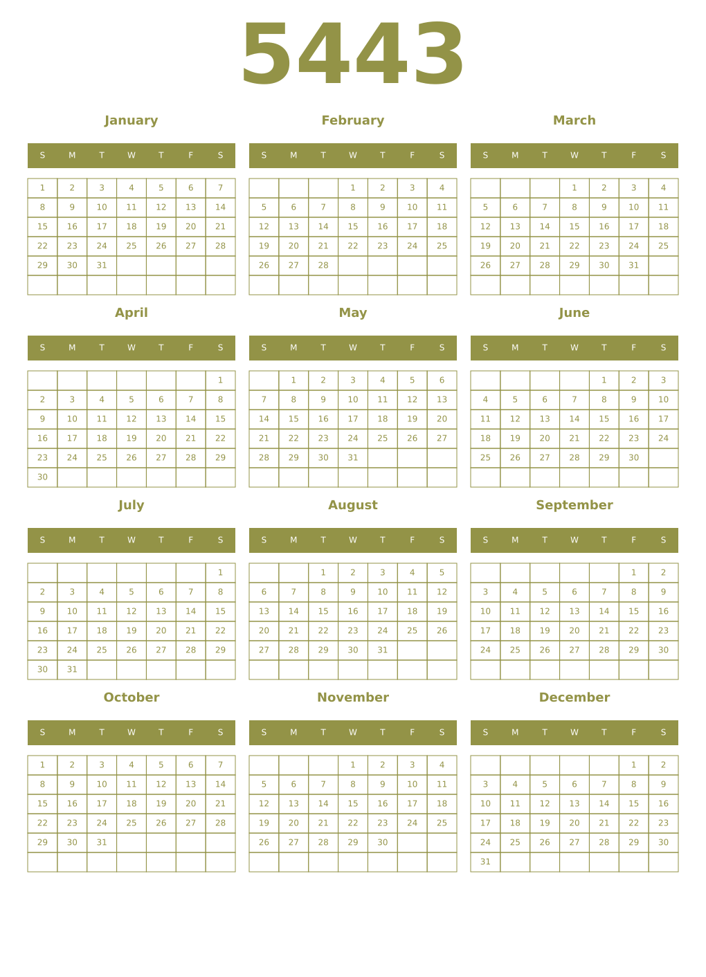 Printable 5443 Year Calendars eburnean