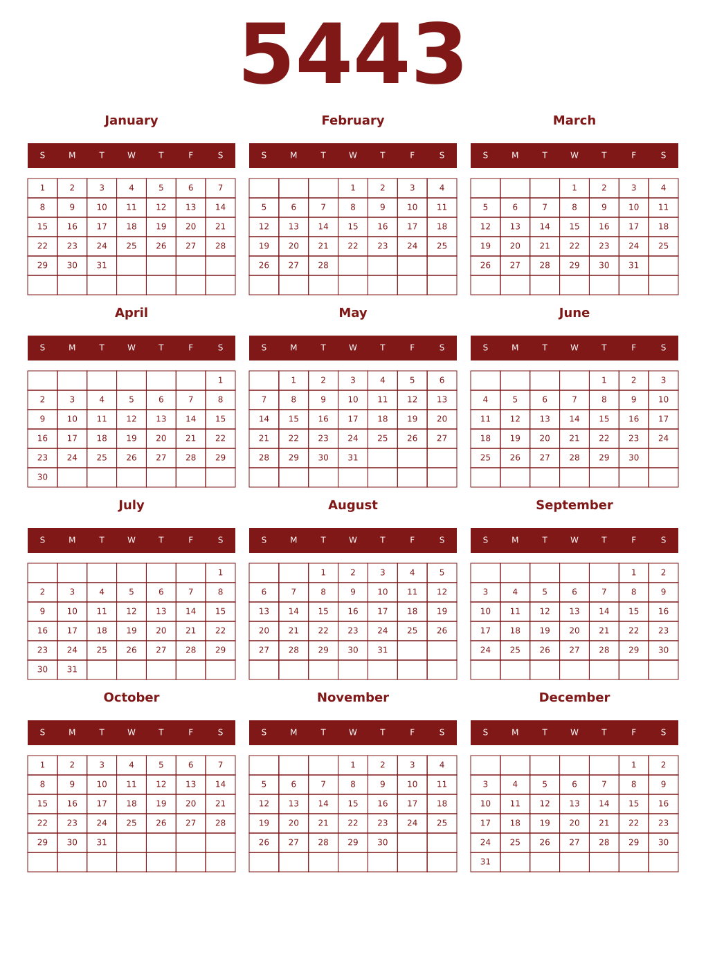 Printable 5443 Year Calendars falu