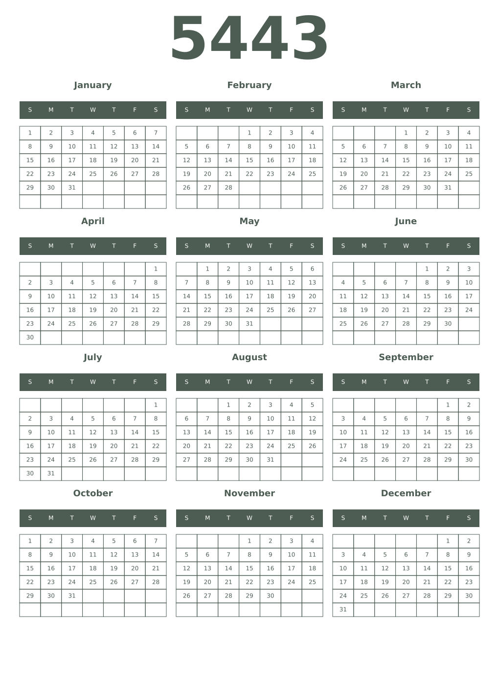 Printable 5443 Year Calendars feldgrau