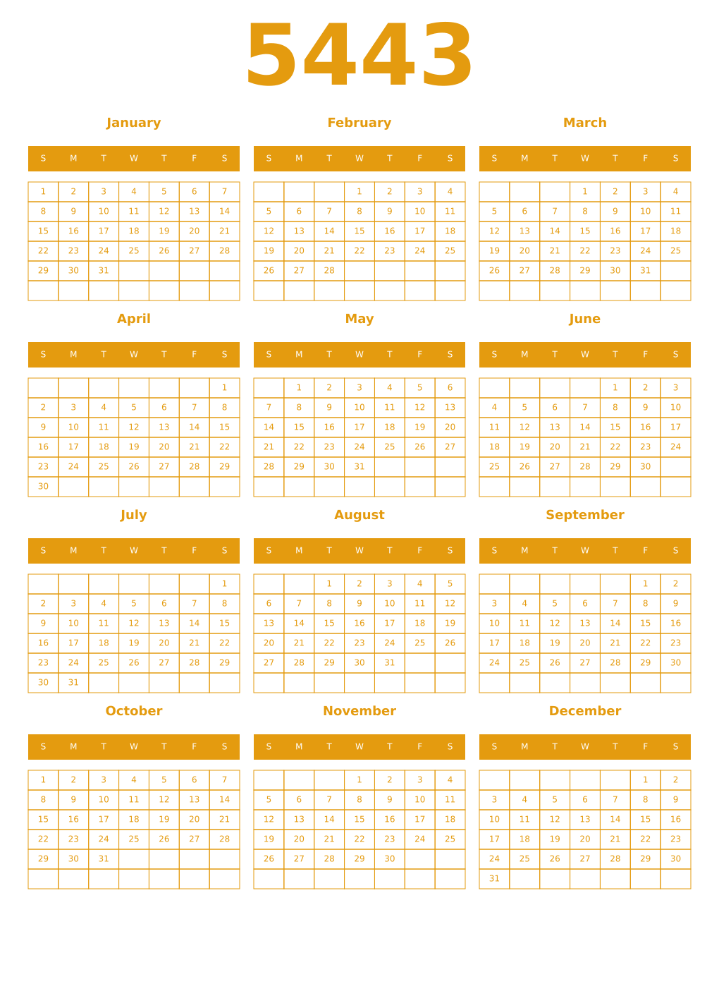 Printable 5443 Year Calendars gamboge