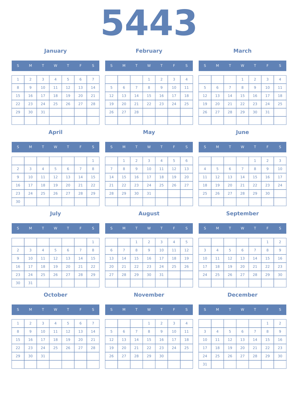 Printable 5443 Year Calendars glaucous