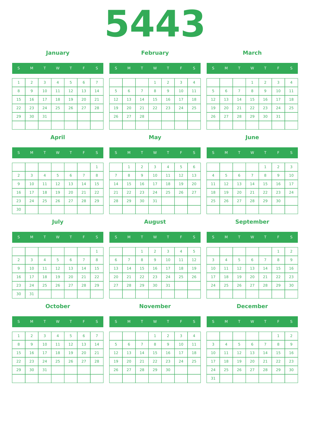 Printable 5443 Year Calendars green
