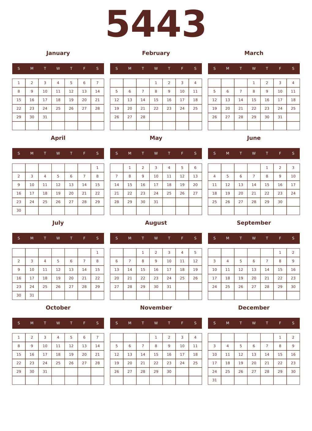 Printable 5443 Year Calendars mortuum