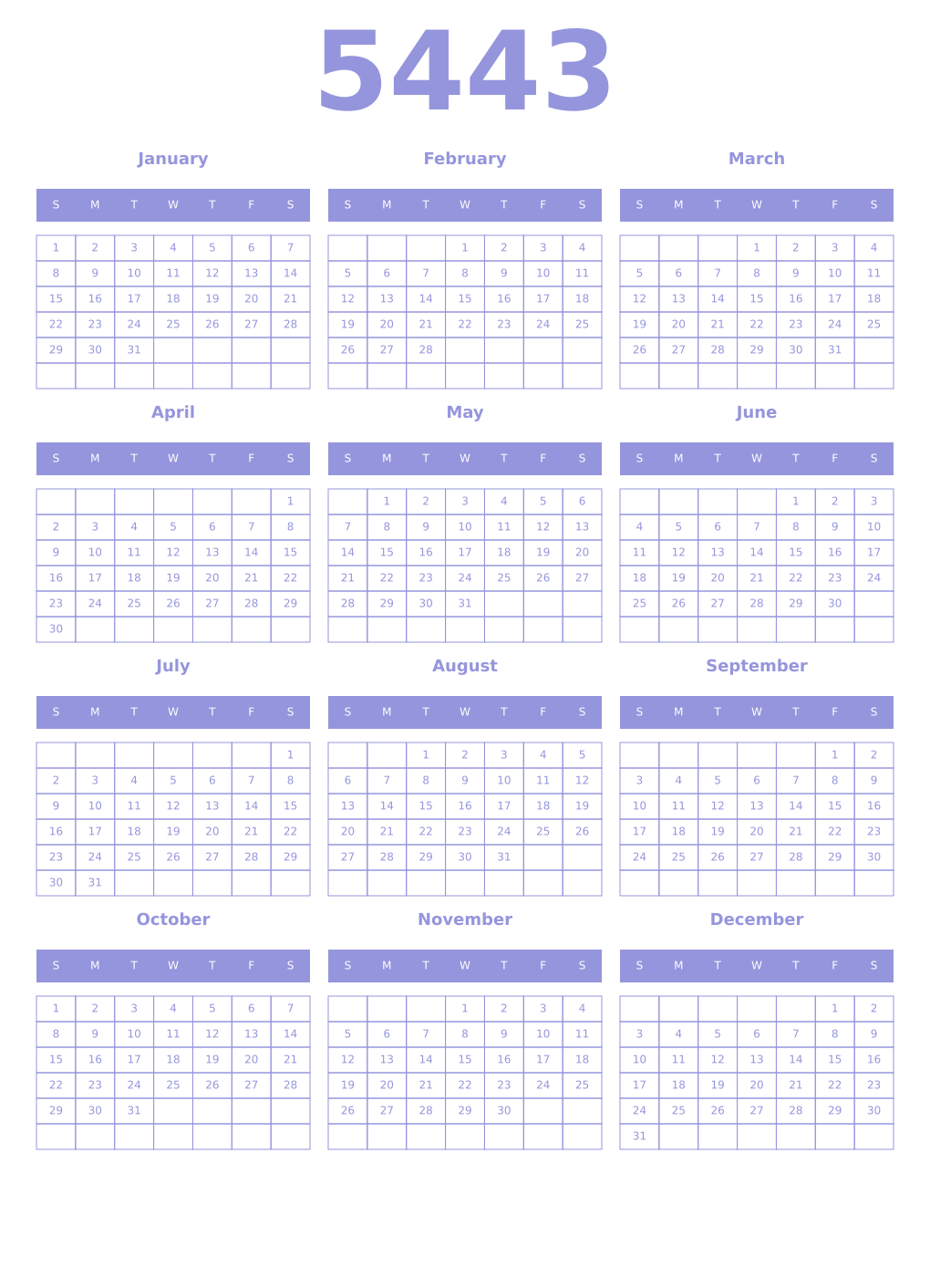 Printable 5443 Year Calendars periwinkle