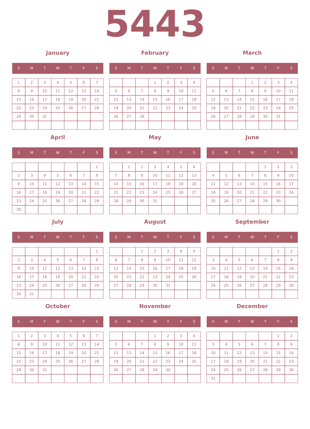 Printable 5443 Year Calendars puce