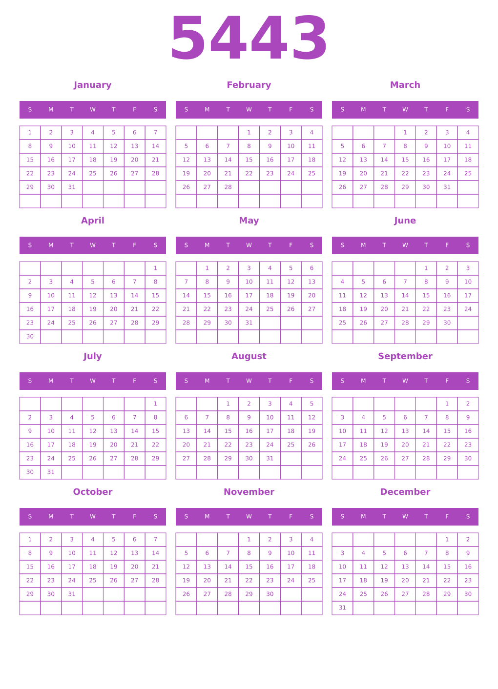 Printable 5443 Year Calendars purple