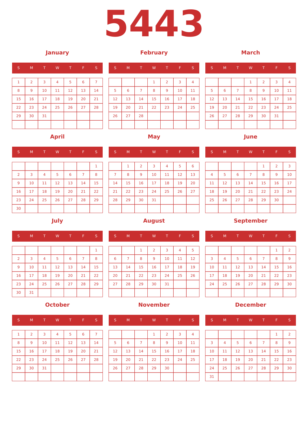 Printable 5443 Year Calendars red