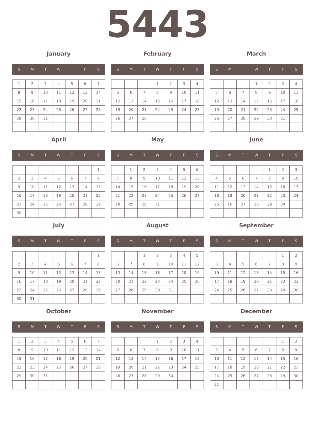 Printable 5443 Year Calendars wenge