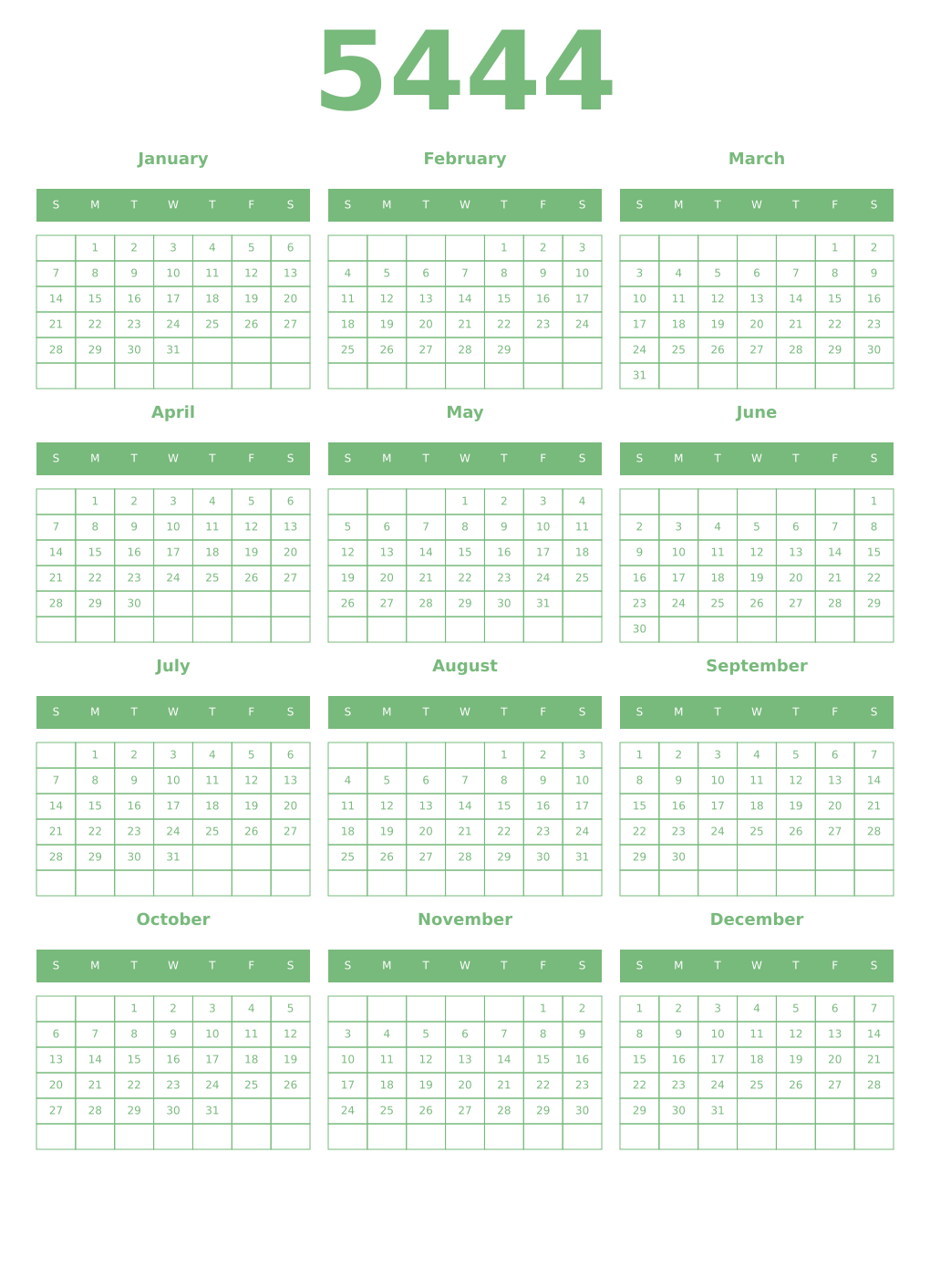 Printable 5444 Year Calendars celadon