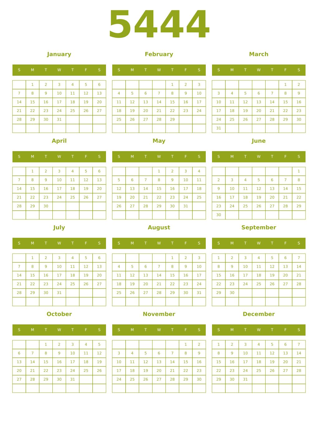 Printable 5444 Year Calendars chartreuse