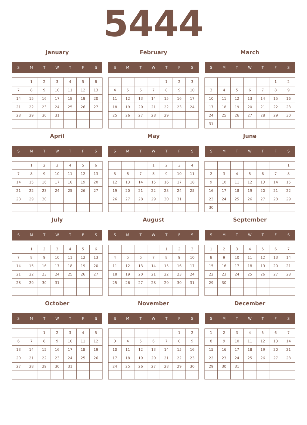 Printable 5444 Year Calendars coffe