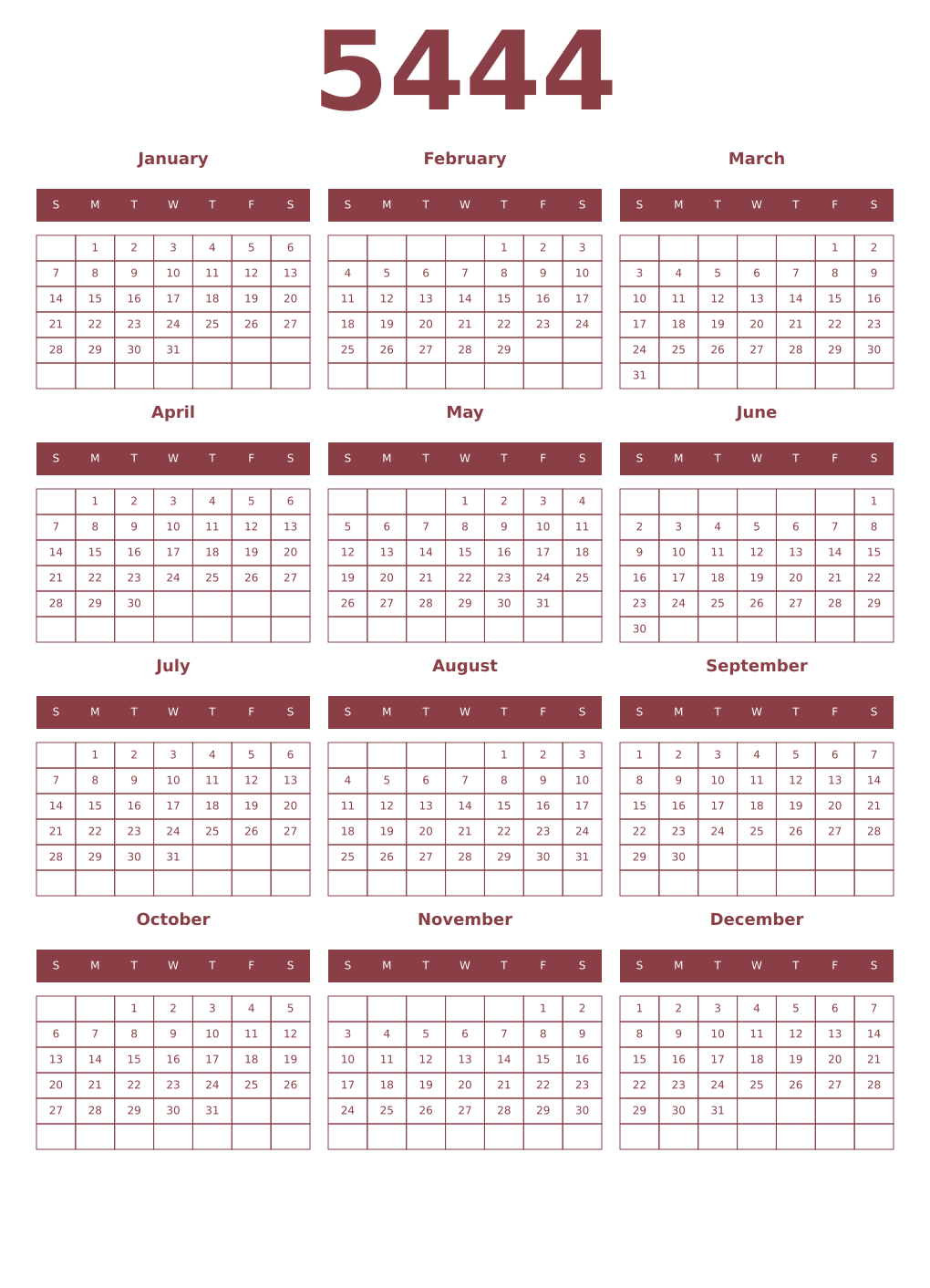 Printable 5444 Year Calendars cordovan