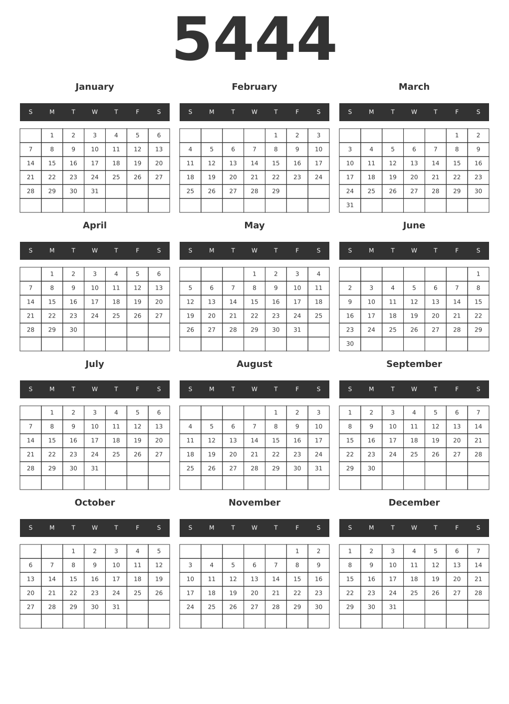 Printable 5444 Year Calendars dark
