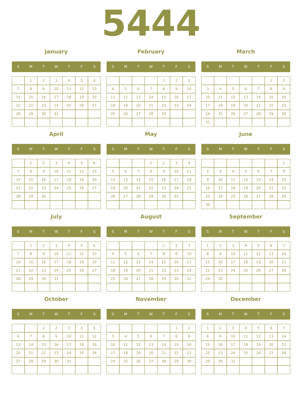 Printable 5444 Year Calendars eburnean