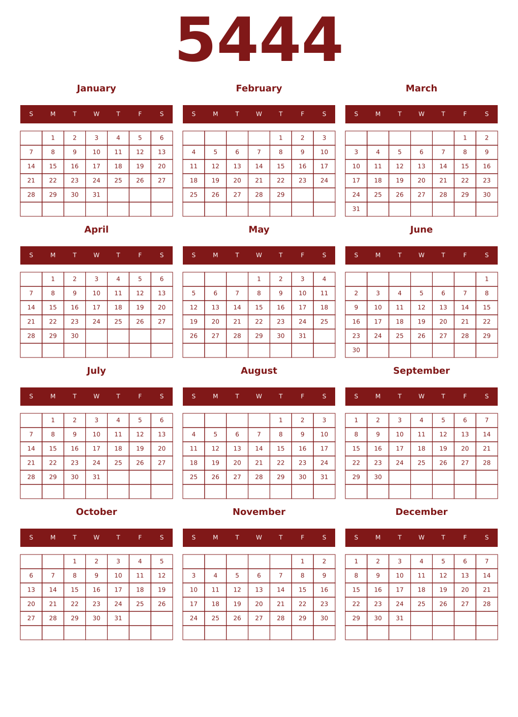 Printable 5444 Year Calendars falu