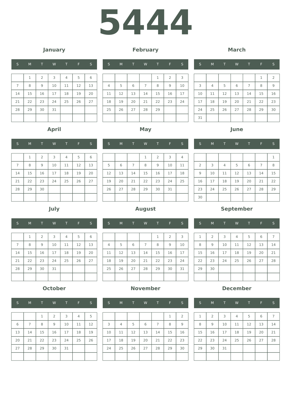 Printable 5444 Year Calendars feldgrau