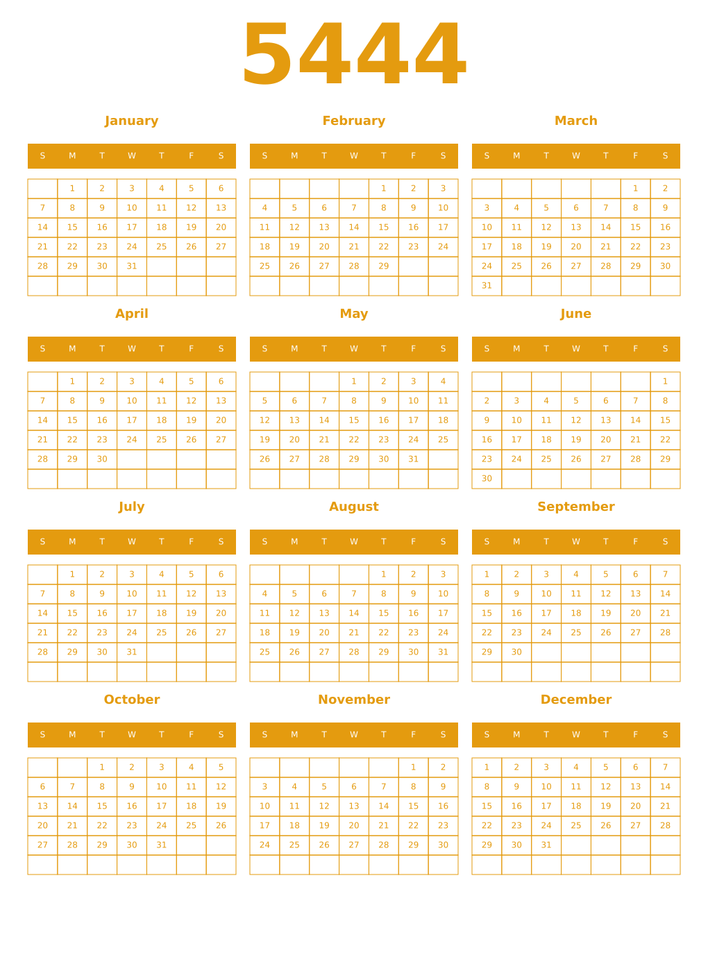 Printable 5444 Year Calendars gamboge